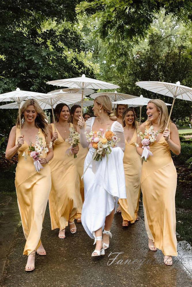 Gold V-Neck Satin Long Bridesmaid Dress with Ruffle Back