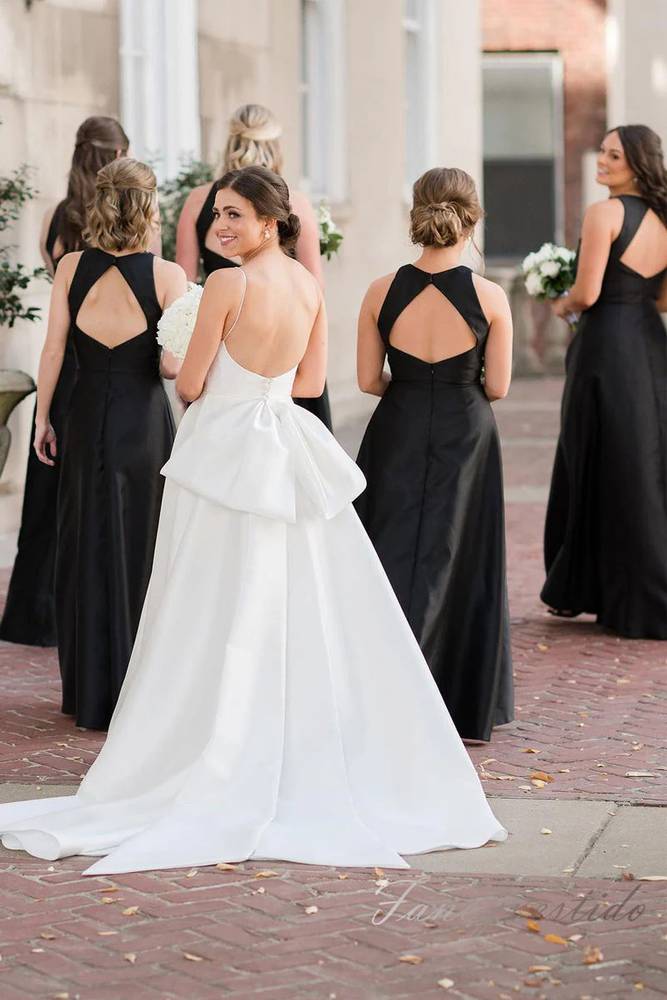 Crew Neck Black Satin Long Bridesmaid Dress