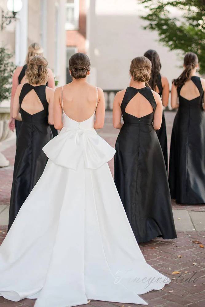 Crew Neck Black Satin Long Bridesmaid Dress