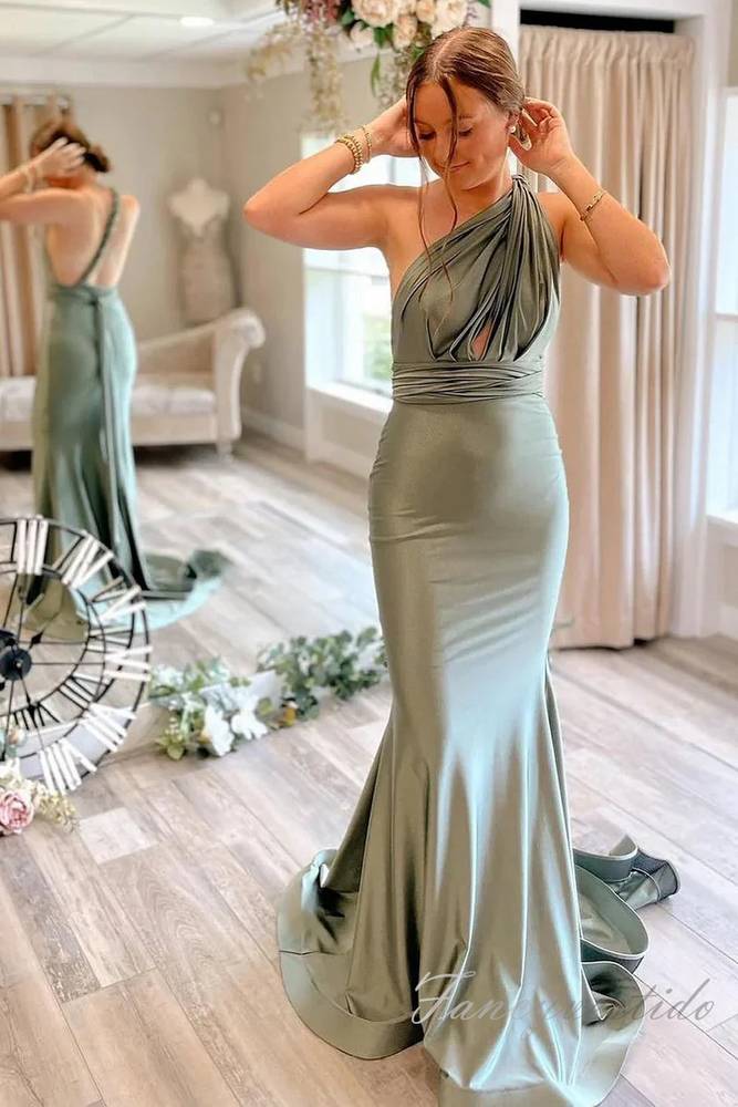 Convertible Green Satin Mermaid Long Bridesmaid Dress