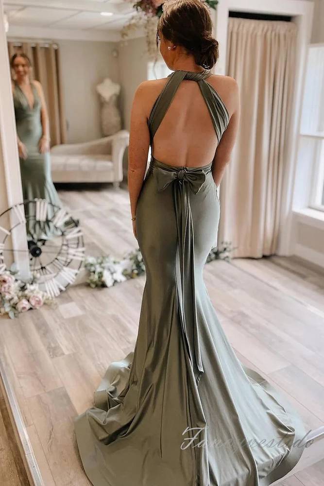 Convertible Green Satin Mermaid Long Bridesmaid Dress