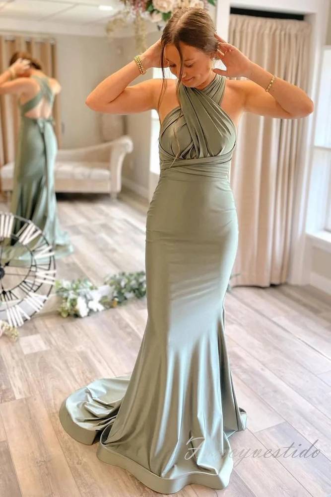 Convertible Green Satin Mermaid Long Bridesmaid Dress