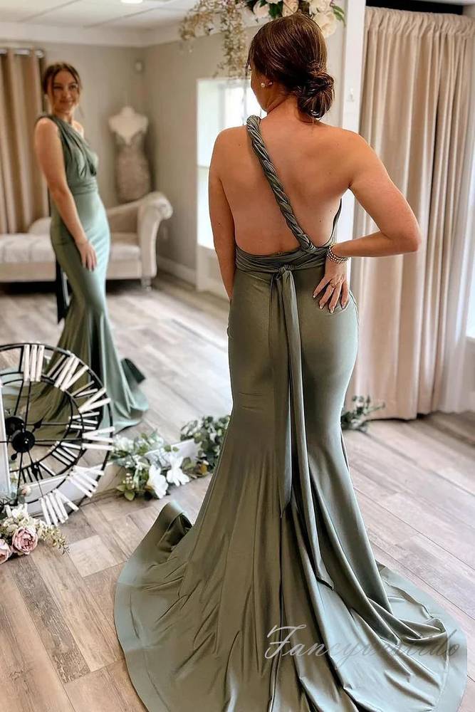 Convertible Green Satin Mermaid Long Bridesmaid Dress