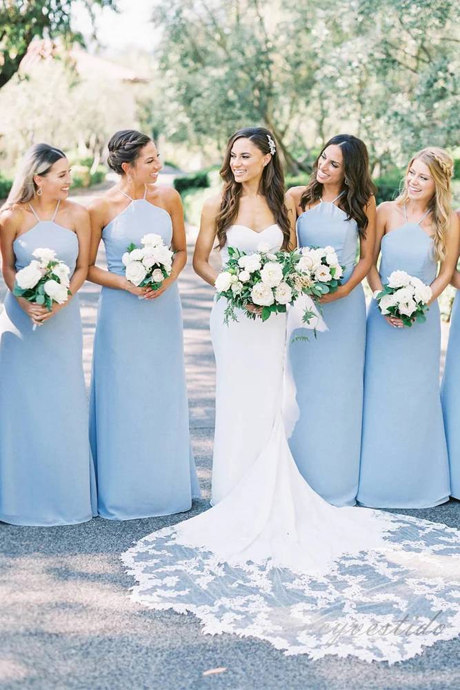 Sky Blue Halter Chiffon Long Bridesmaid Dress