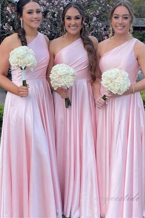 Blush Pink One Shoulder Satin A-Line Bridesmaid Dress