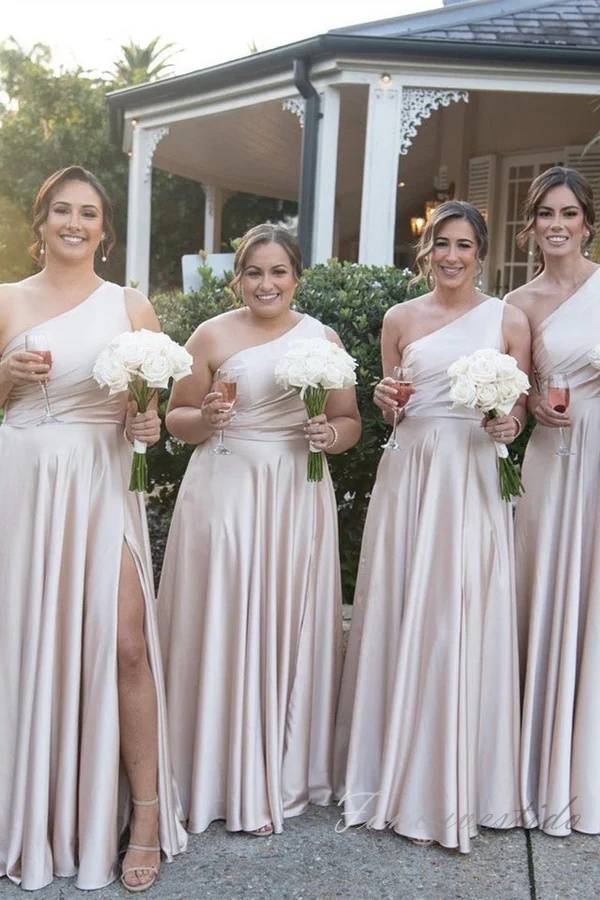 Blush Pink One Shoulder Satin A-Line Bridesmaid Dress