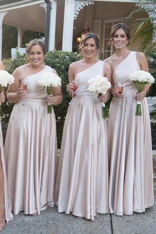 Blush Pink One Shoulder Satin A-Line Bridesmaid Dress