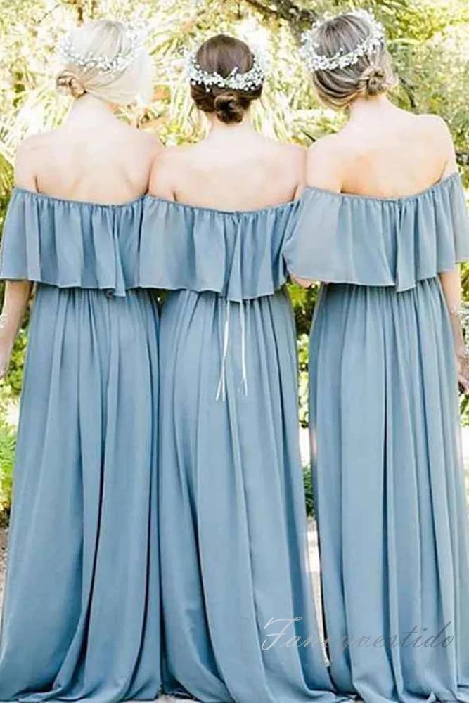 Dusty Blue Chiffon Long Bridesmaid Dress with Off Shoulder