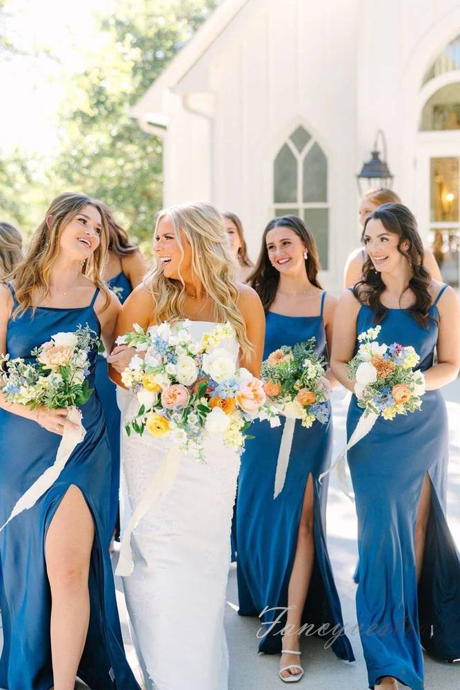 Blue Straps Satin Slit Bridesmaid Dress with Bow