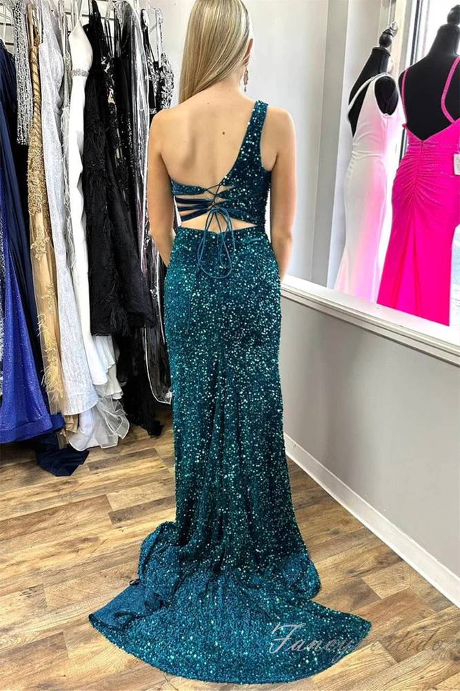 Dark Green One Shoulder Sequin Prom Dress with Slit