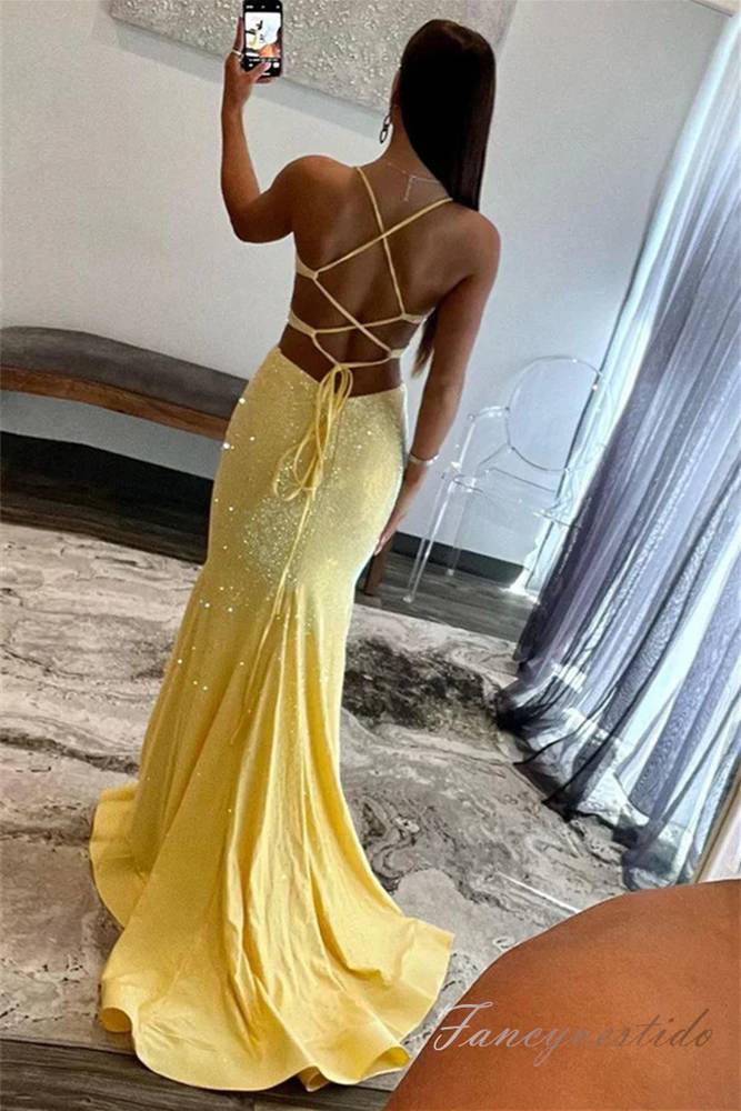 Spagetti Straps Yellow Beaded Mermaid Prom Dress with Lace-up