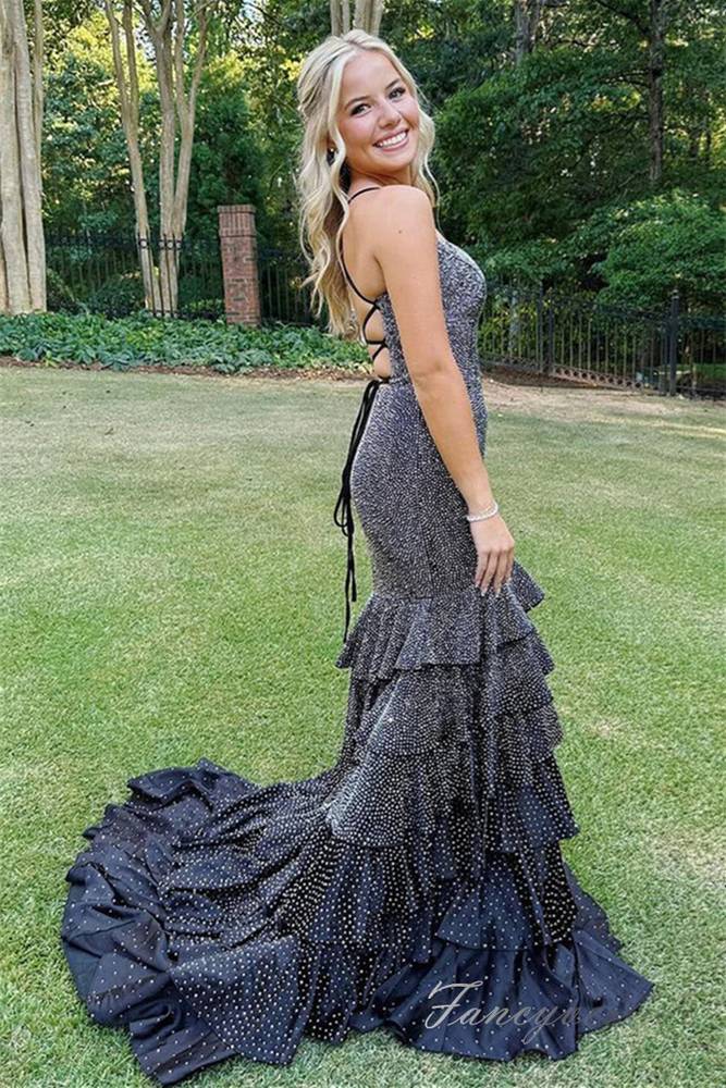 Black Beaded Sequin Mermaid Prom Dress with Lace-up