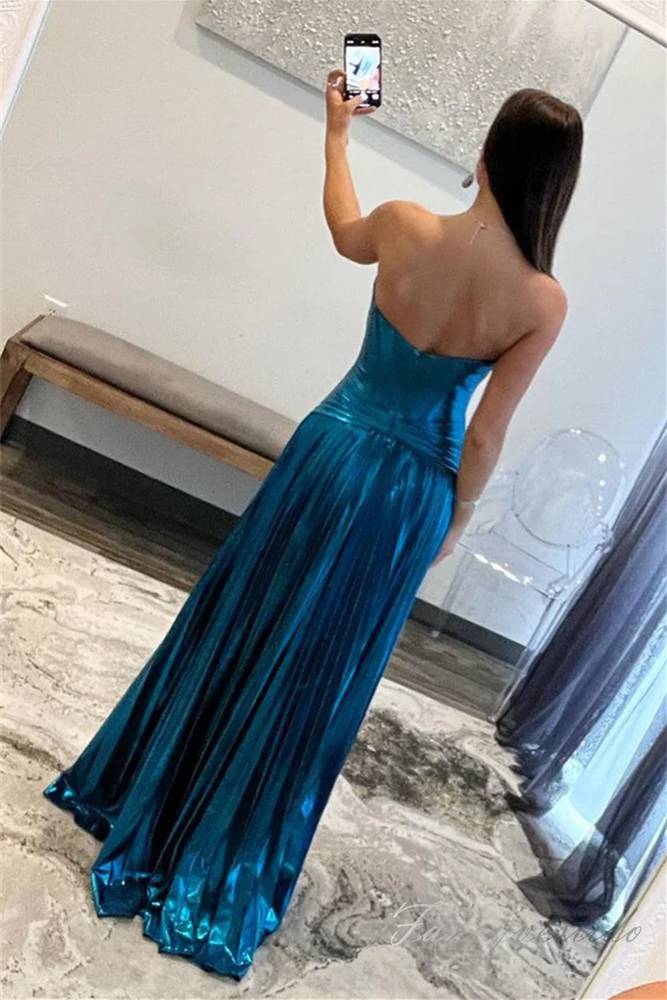 Blue Metallic Pleated A-Line Prom Dress with Slit