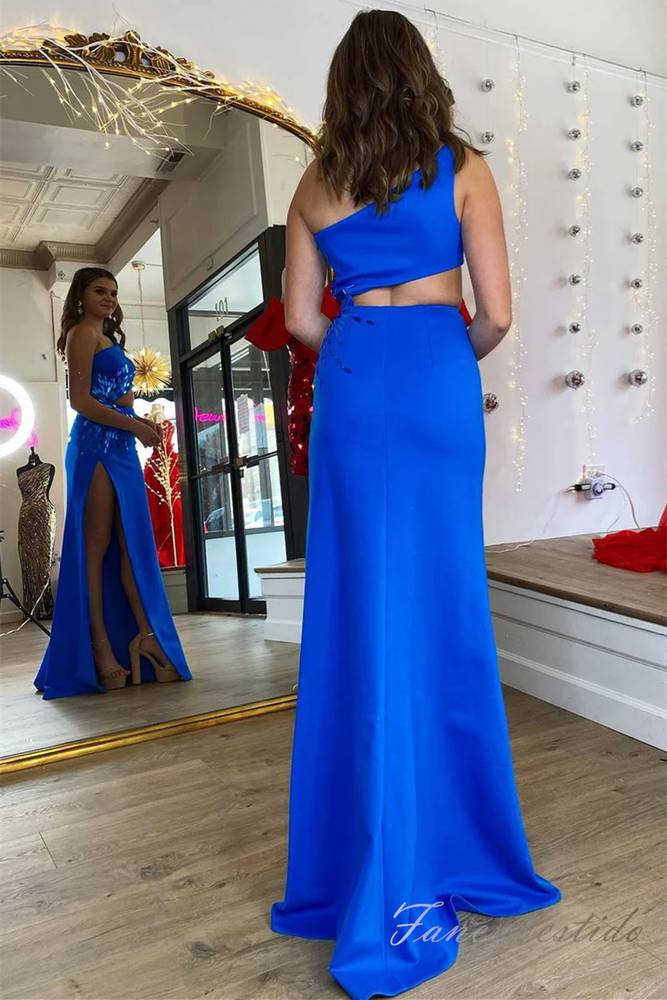 One Shoulder Mirror Sequin Mermaid Prom Dress with Slit