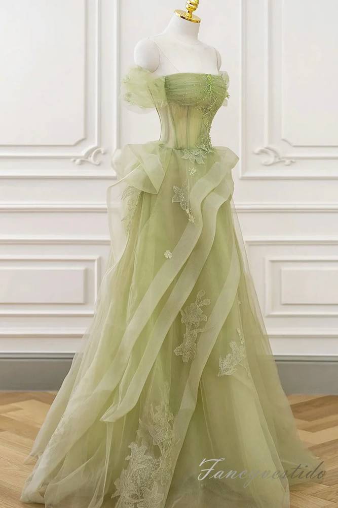 Elegant Sage Applique Ruffle Tulle Prom Dress with Off Shoulder