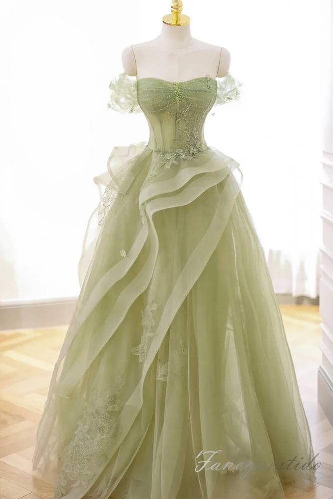 Elegant Sage Applique Ruffle Tulle Prom Dress with Off Shoulder