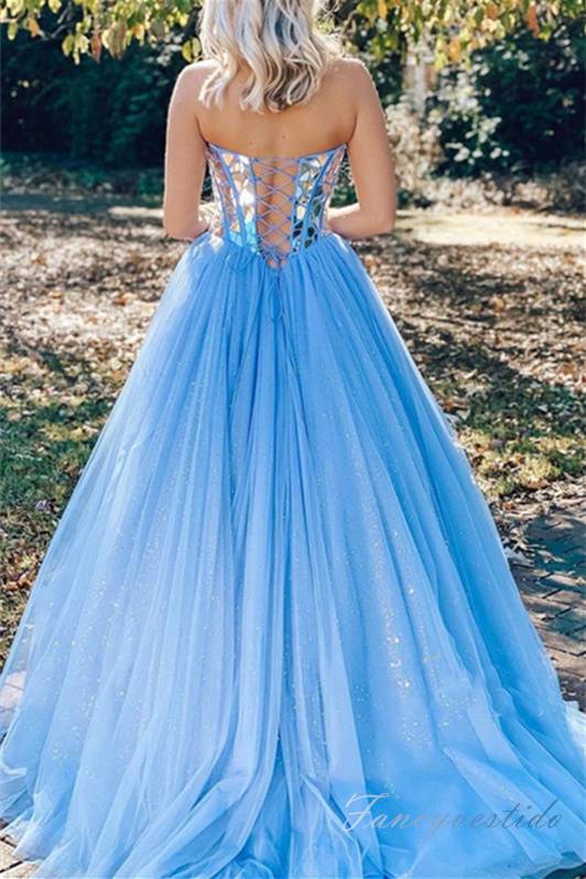 Sweetheart Sky Blue Mirror Sequin A-Line Prom Dress