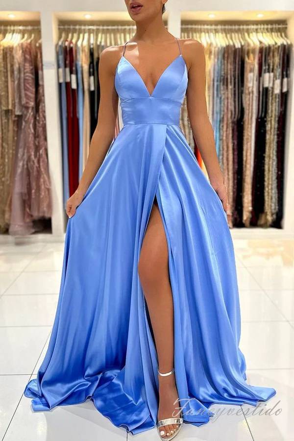 Spaghetti Straps Blue A-Line Prom Dress with Slit