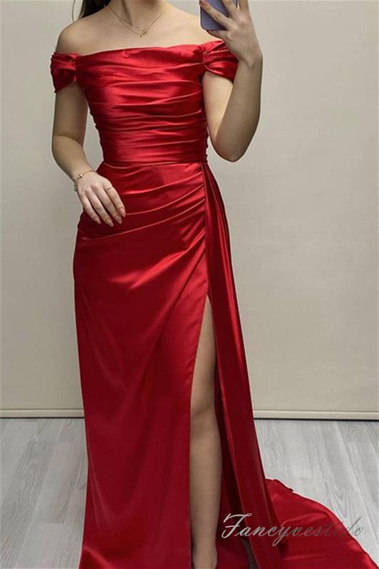 Red Pleated Mermaid Slit Prom Dress with Off Shoulder