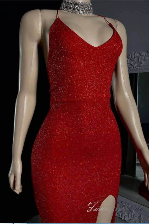 Red Straps Mermaid Slit Prom Dress with Open Back