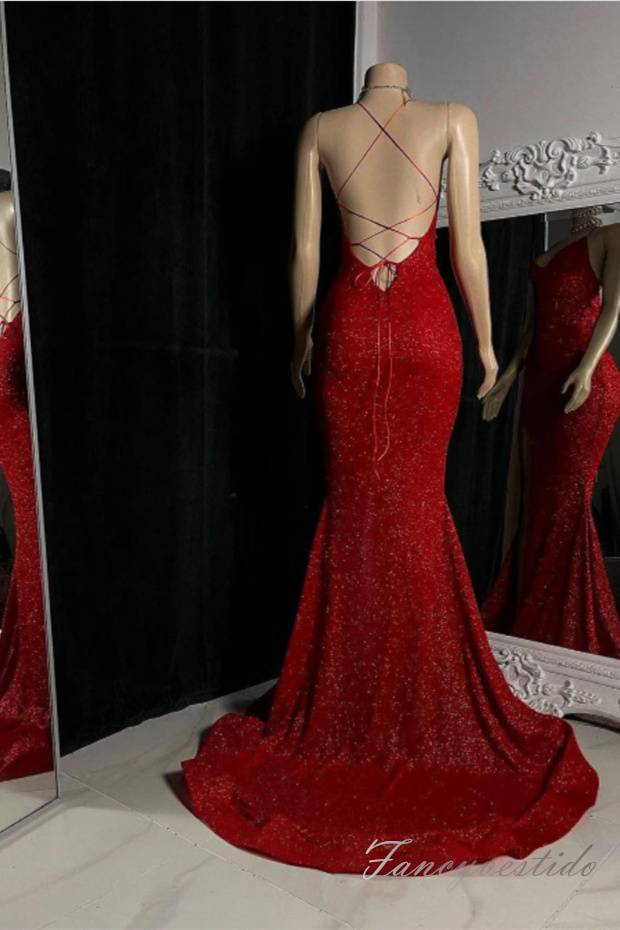 Red Straps Mermaid Slit Prom Dress with Open Back