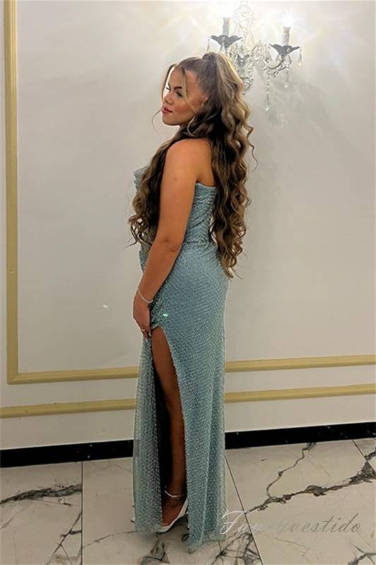 Blue Strapless Pleated Mermaid Prom Dress with Slit