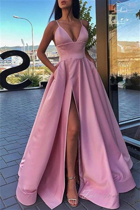 V-Neck Pink A-Line Stain Prom Dress with Slit