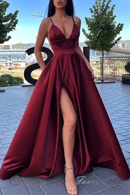 V-Neck Pink A-Line Stain Prom Dress with Slit