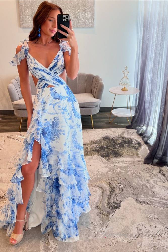 Straps Blue Floral Print Layered Long Prom Dress