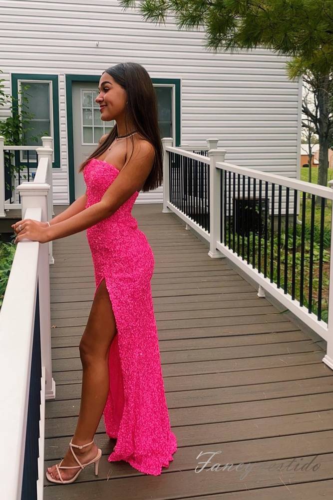 Hot Pink Strapless Sequin Slit Mermaid Prom Dress