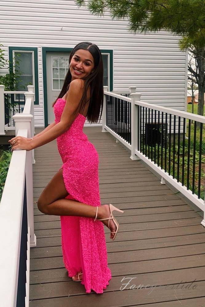 Hot Pink Strapless Sequin Slit Mermaid Prom Dress