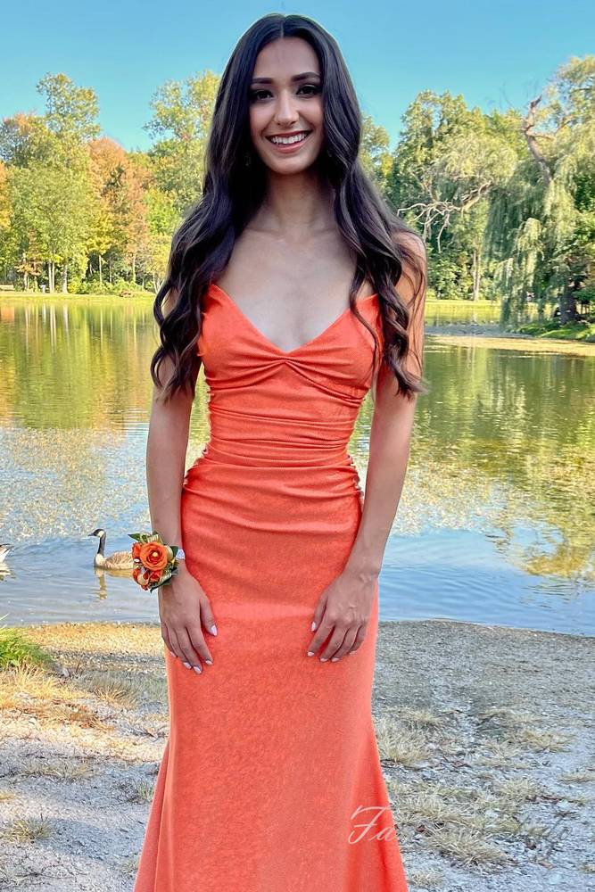 Orange V-Neck Mermaid Prom Dress with Lace-up Back