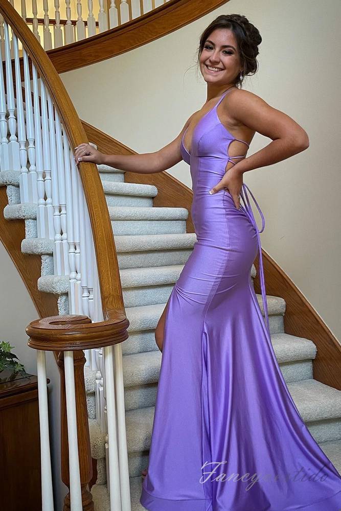 Lilac Straps Sheath Mermaid Prom Dress with Lace-up Back