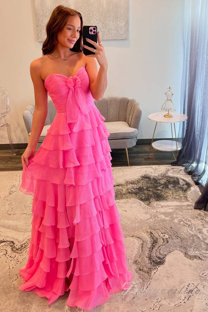 Strapless Hot Pink Chiffon Ruffle Prom Dress with Slit