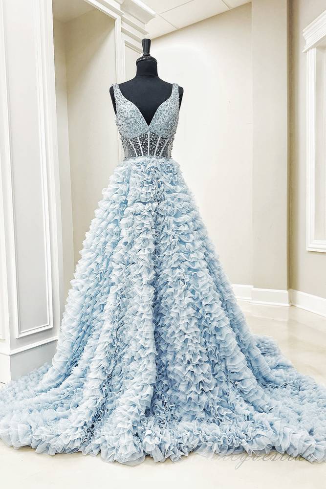 Light Blue V-Neck Beaded Layered A-Line Prom Dress