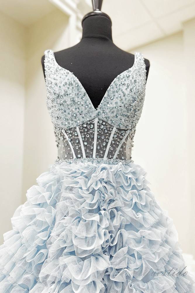 Light Blue V-Neck Layered A-Line Prom Dress