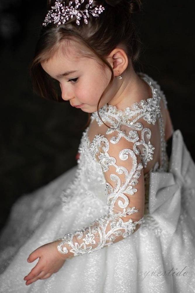 White Applique Sequin A-Line Flower Girl Dress with Long Sleeves