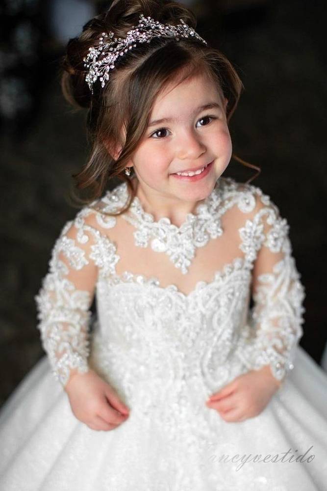 White Applique Sequin A-Line Flower Girl Dress with Long Sleeves