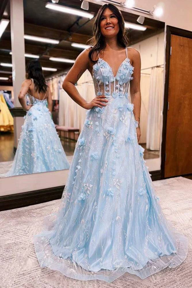 Double Straps Applique A-Line Prom Dress with 3D Floral