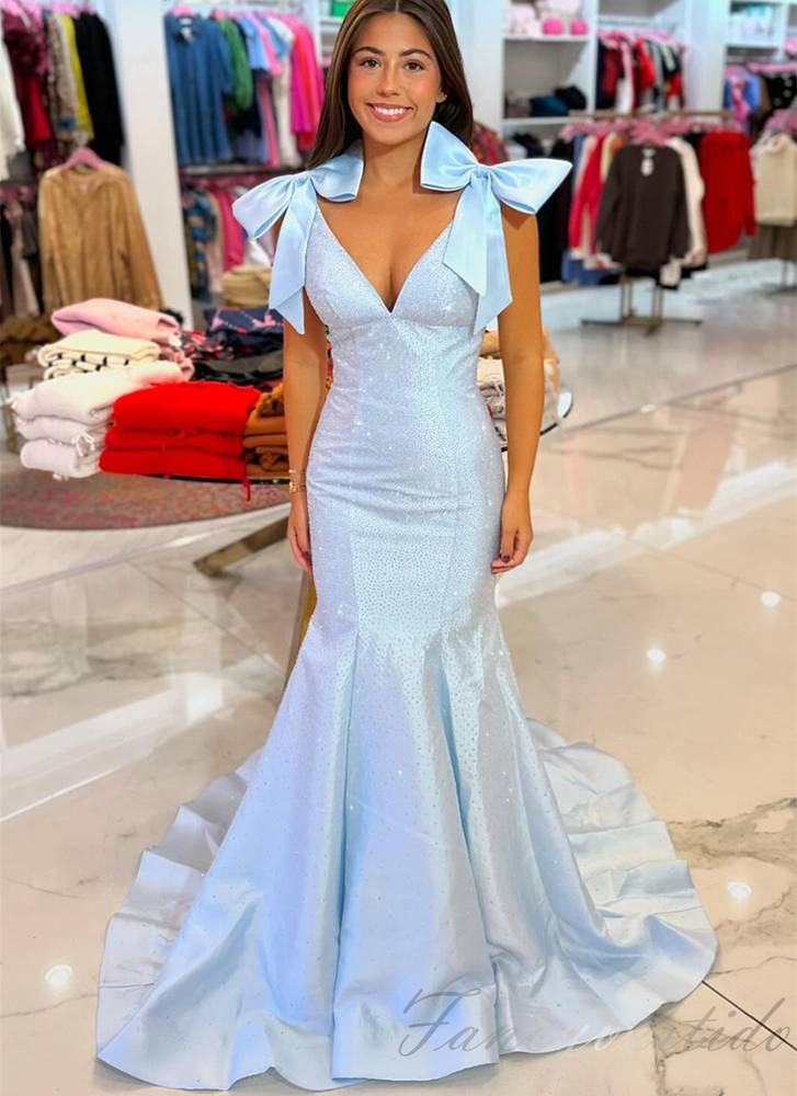 Sky-Blue V-Neck Beaded Mermaid Prom Dresses with Bow Straps