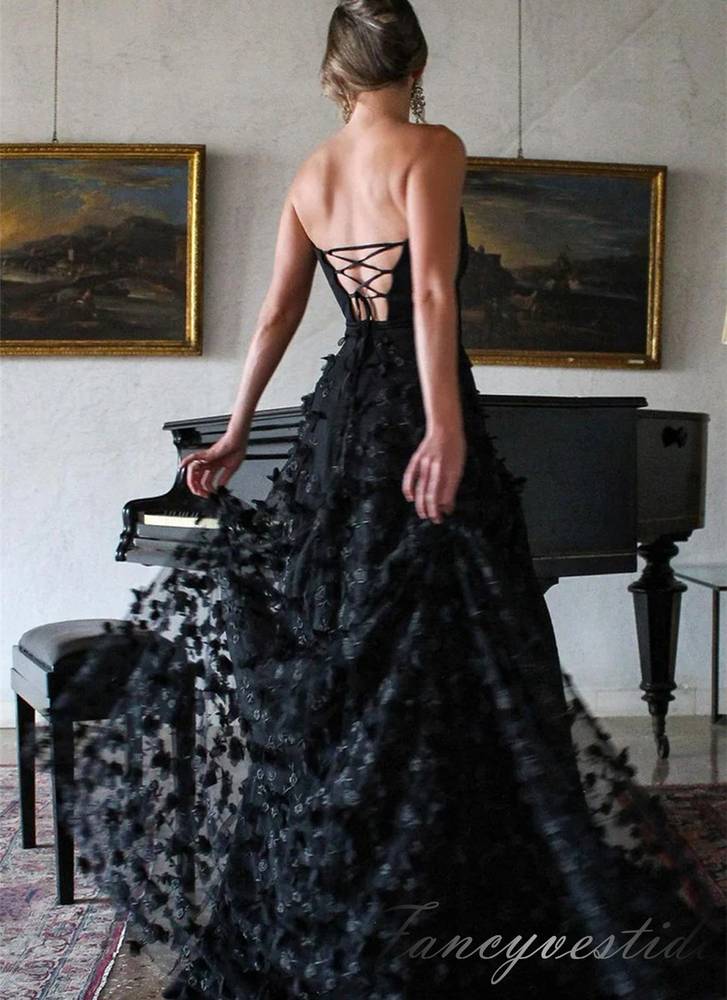 Strapless Black Applique A-Line Prom Dresses with 3D Floral