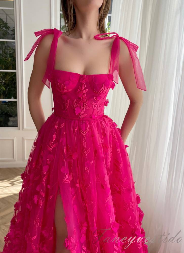 Fuchsia Straps A-line Slit Prom Dress With 3D Floral