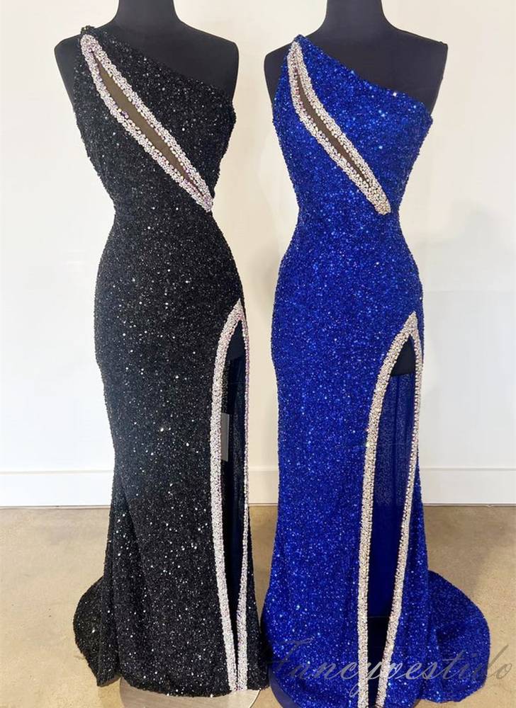 One Shoulder Asymmetrial Sequin Mermaid Prom Dress with Slit