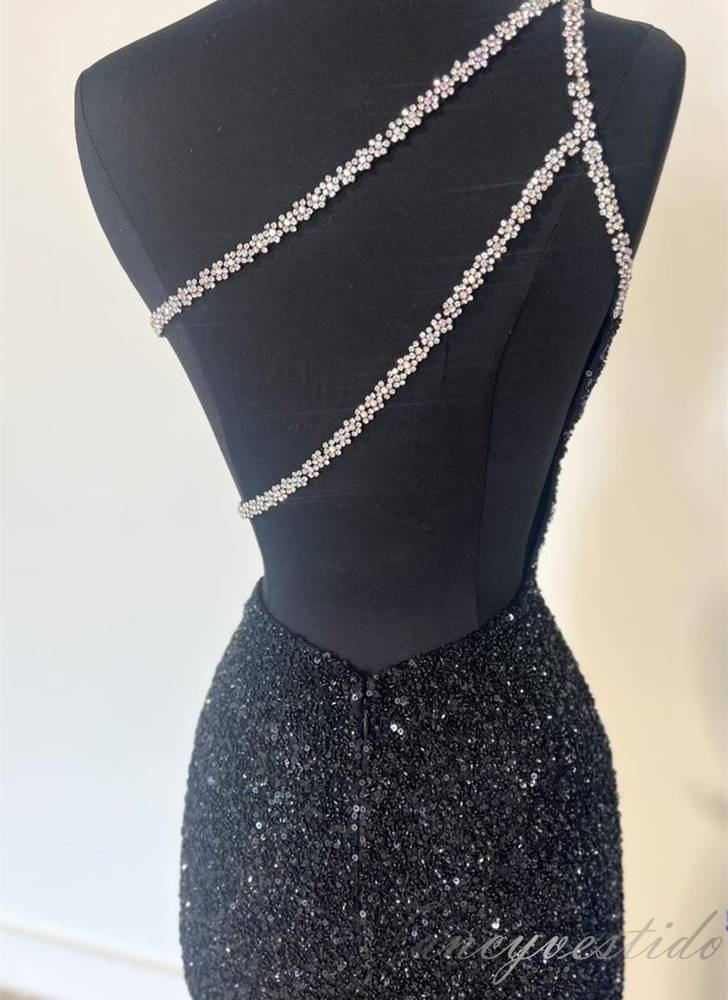 One Shoulder Asymmetrial Sequin Mermaid Prom Dress with Slit