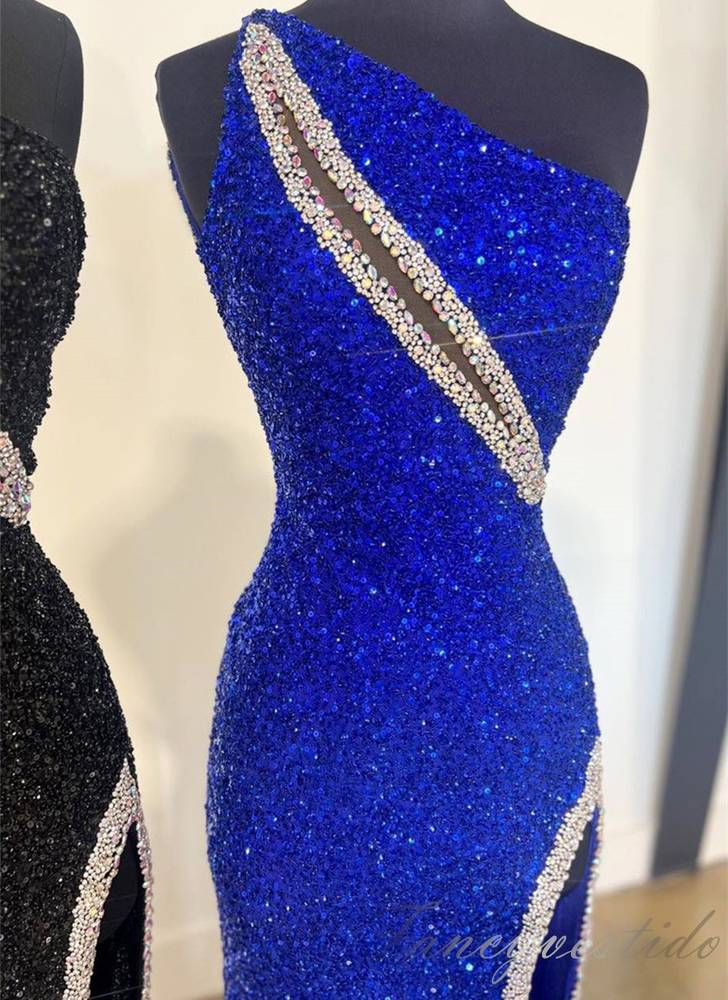 One Shoulder Asymmetrial Sequin Mermaid Prom Dress with Slit