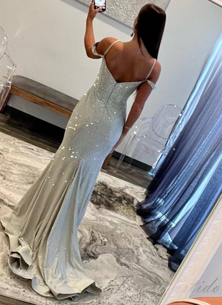 Silver Off Shoulder Beaded Mermaid Prom Dress with Slit