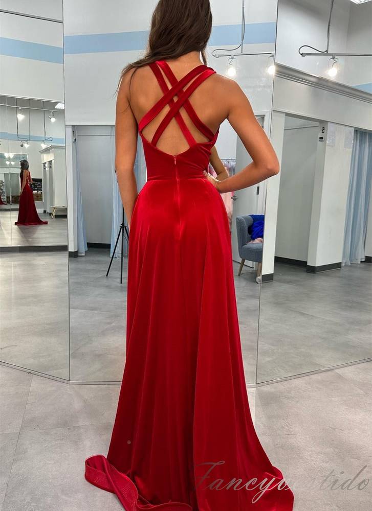 Plunging V-Neck Red Velvet A-Line Prom Dress with Slit