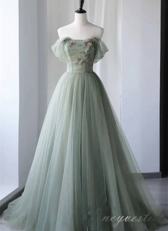 Grey Applique Tulle A-Line Prom Dress with Off Shoulder