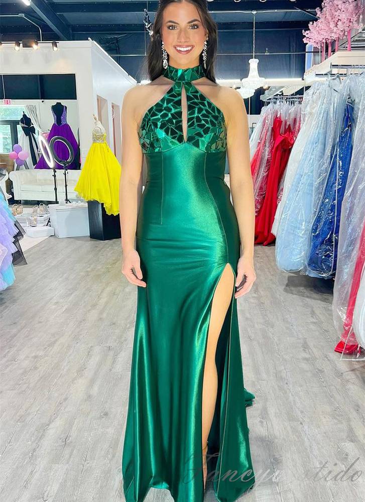 Halter Green Mirror-Sequin Mermaid Prom Dress with Slit