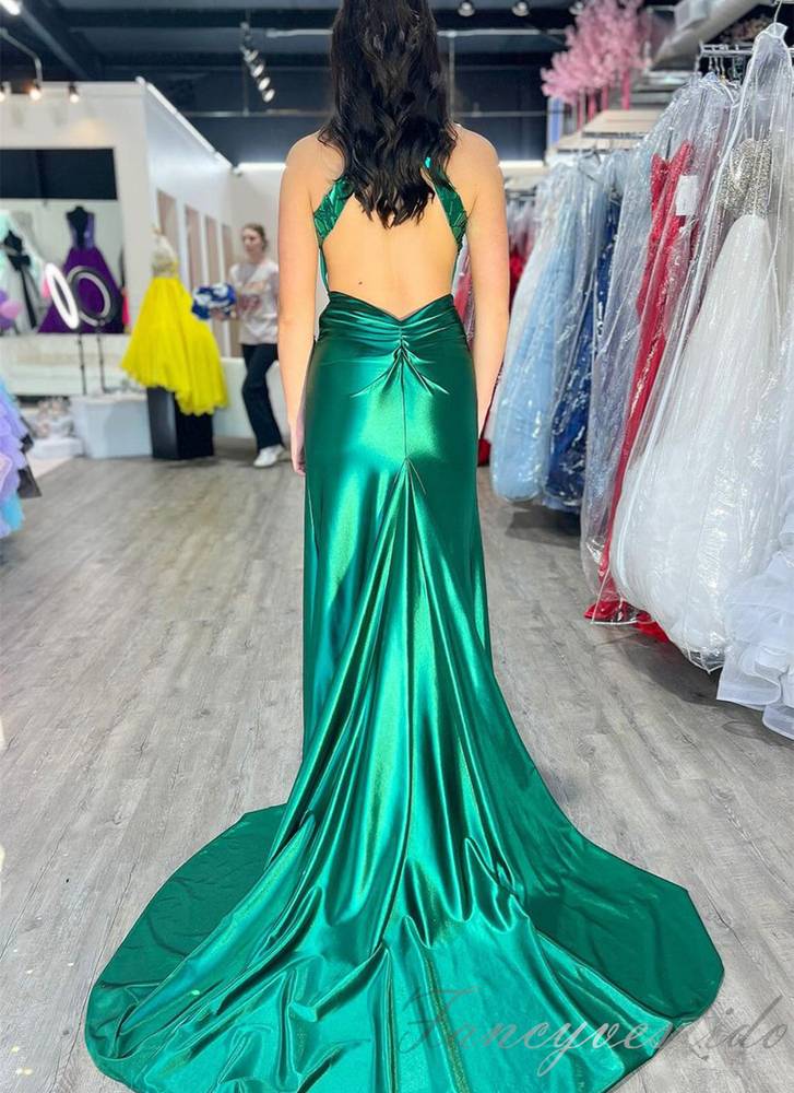 Halter Green Mirror-Sequin Mermaid Prom Dress with Slit